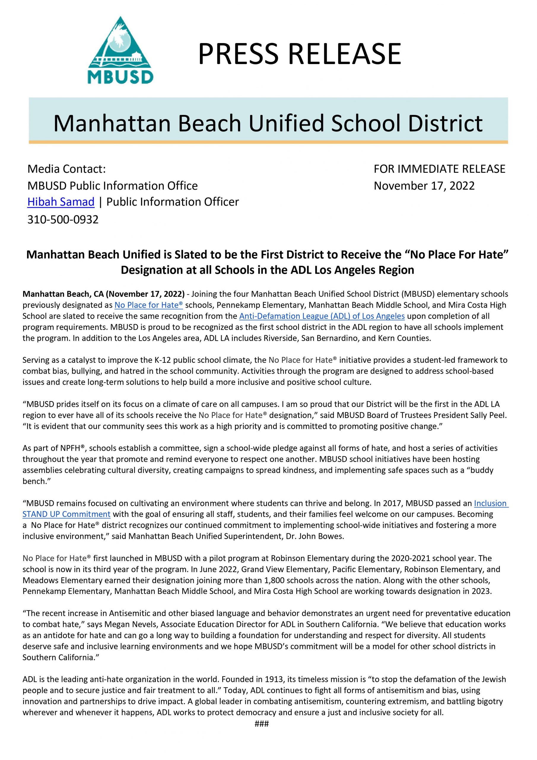 AntiDefamation League Manhattan Beach Unified School District to be
