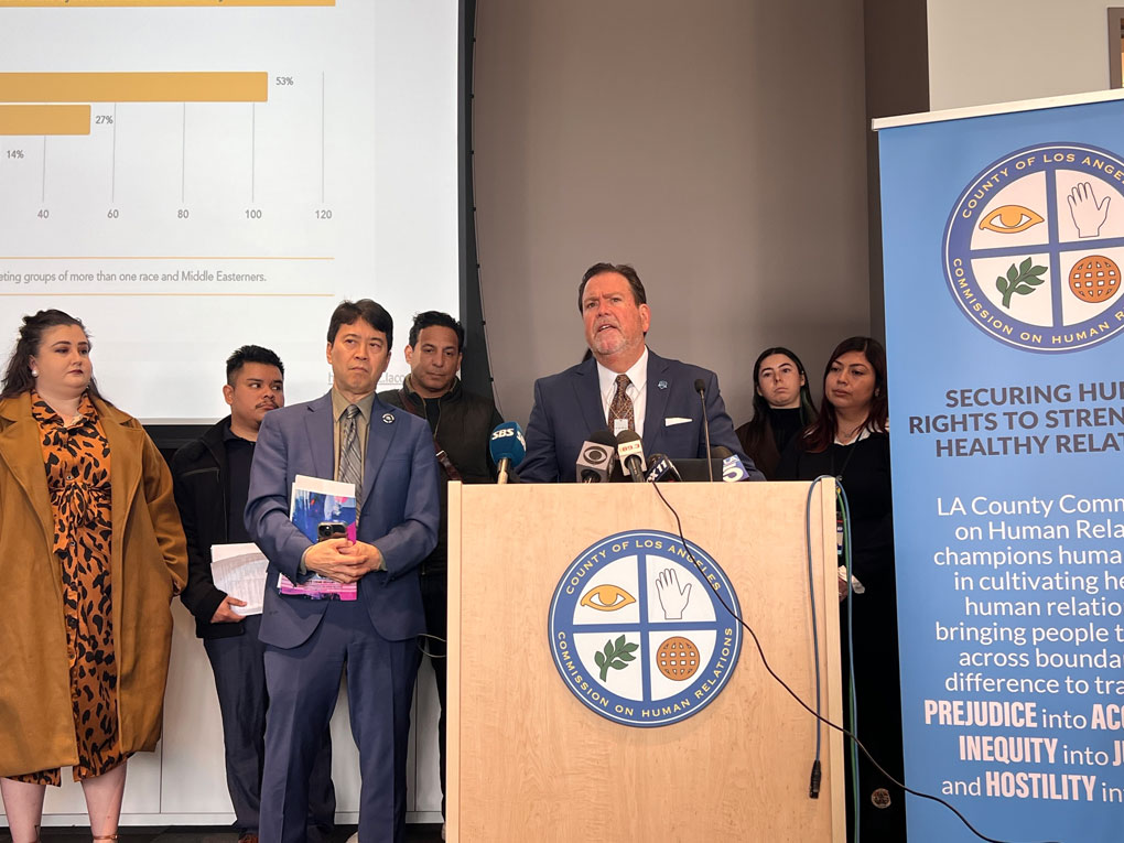 ADL Los Angeles Regional Director Jeffrey I. Abrams addresses the press alongside the LA County Commission on Human Relations for the release of its 2023 Hate Crimes Report.